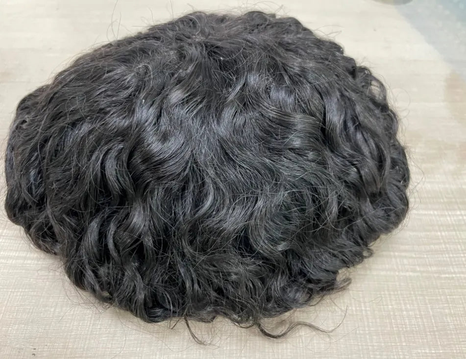 Water Curly Human Hair Wig for Men Thin Skin Male Toupee Human Hair Full PU 0.14cm Man's Wigs Capillary With Knots Natural Color