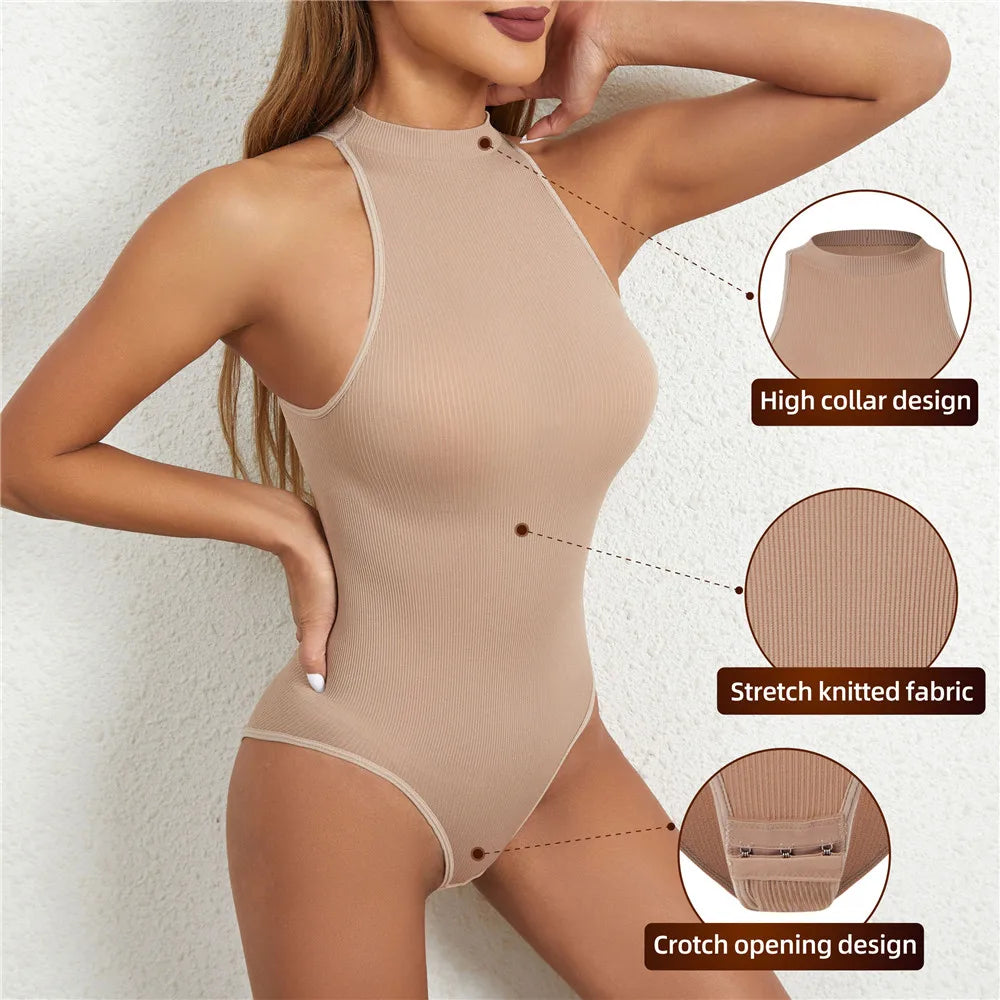 Women Round Neck Shaperwear Bodysuits Sleeveless Adjustable Buckle Tight Fitting Jumpsuit T-shaped Shapewear Corset
