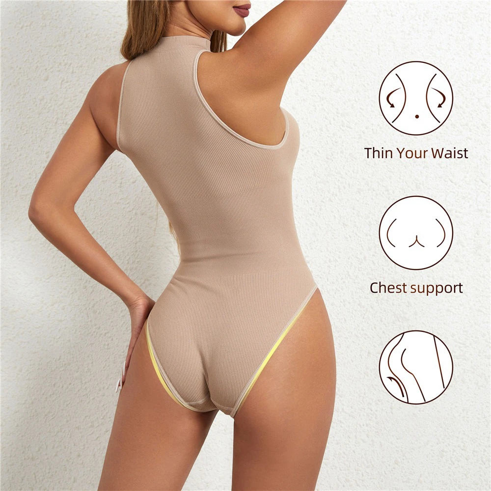 Women Round Neck Shaperwear Bodysuits Sleeveless Adjustable Buckle Tight Fitting Jumpsuit T-shaped Shapewear Corset
