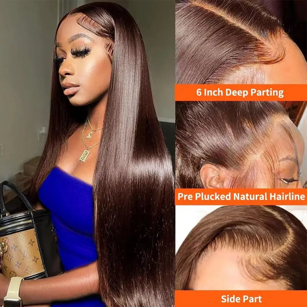 #4 Chocolate Brown Human Hair Wig 13x4 13x6 Hd Lace Frontal Wigs Pre Plucked 200% Density Straight Brown Human Hair Wig