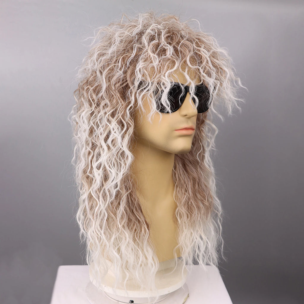 80s Rocker Synthetic Wigs for Men Mullet Wig Long Curly Hair Wig Kiss Wig Perfect for Halloween Cosplay DIY Themed Costume Party