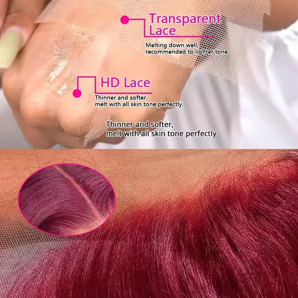 Burgundy 99J Red Colored Brazilian Human Hair Deep Wave 13x4 13x6 HD Lace Frontal Wig 220 Density Lace Frontal Wig For Women