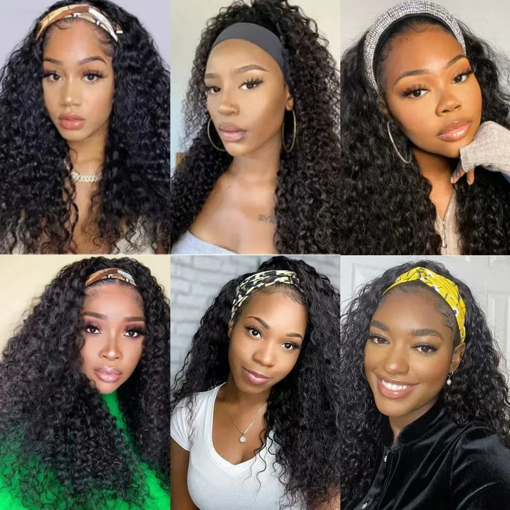 Curly Human Hair Wigs Water Wave Headband Wig No Glue No Lace 180 Density Brazilian Curly Wigs For Women Ready To Wear And Go