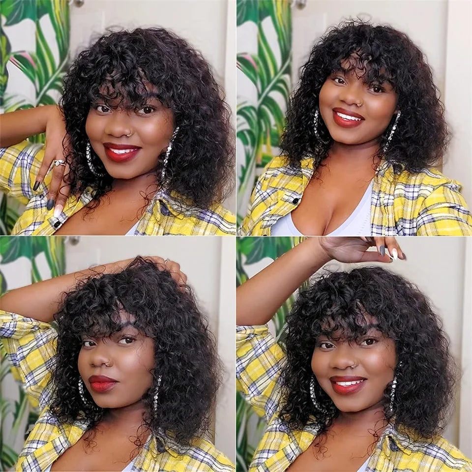 Brazilian Kinky Curly Wig Human Hair Wigs With Bangs Full Machine Made Wigs Cheap Remy Human Hair Culry Glueless Wig For Women