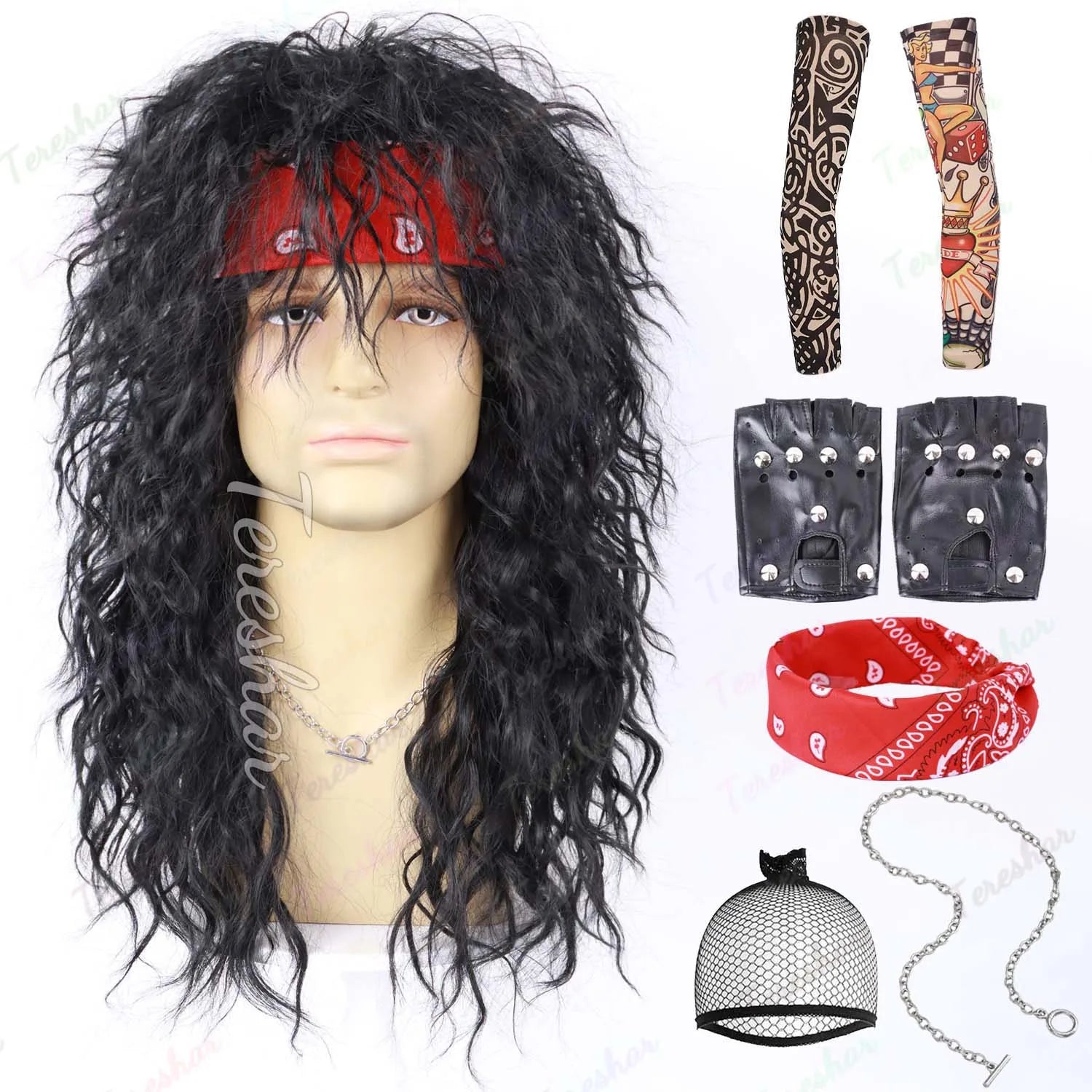 80s Rocker Synthetic Wigs for Men Mullet Wig Long Curly Hair Wig Kiss Wig Perfect for Halloween Cosplay DIY Themed Costume Party