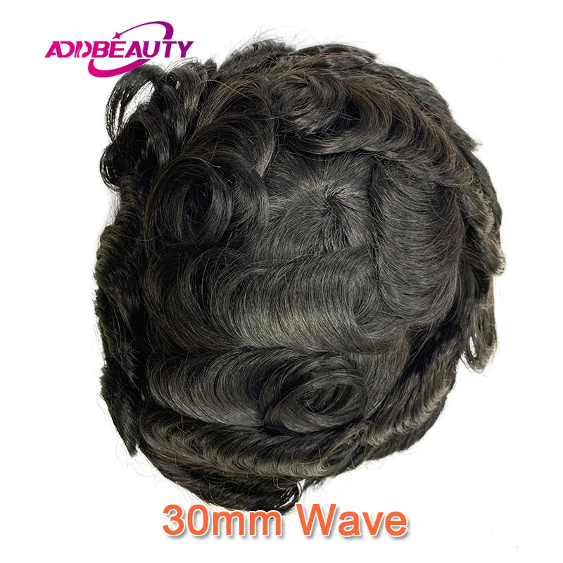 Water Curly Human Hair Wig for Men Thin Skin Male Toupee Human Hair Full PU 0.14cm Man's Wigs Capillary With Knots Natural Color