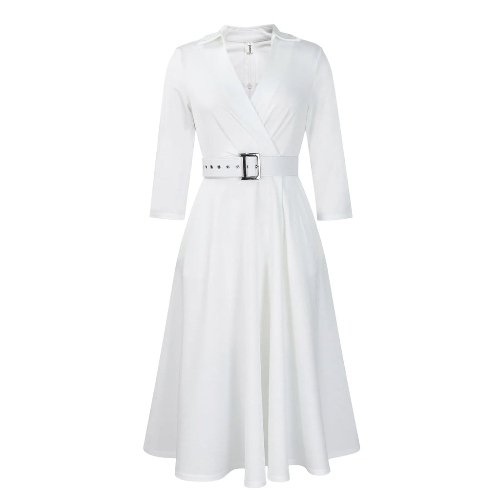 Fashion Office Dresses for Women Turn Down Collar V Neck Belt Waisted Pleated Mid Calf Elegant African Business Work Dress Cloth
