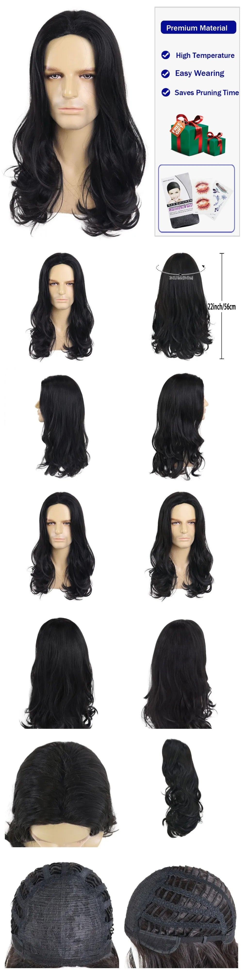 GNIMEGIL Synthetic Middle Part Natural Black Wigs for Men Long Curly Hair Wig with Cap Male Daily Party Costume Cosplay Wear