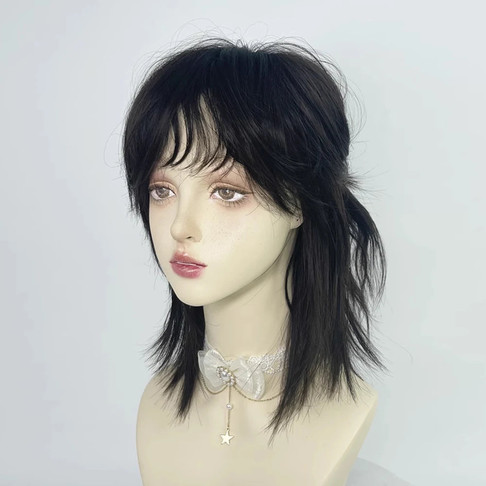 Short Mullet Head Wigs with Bangs Synthetic Straight Anime Men Black Gray Green Hair Wig for Daily Party Cosplay