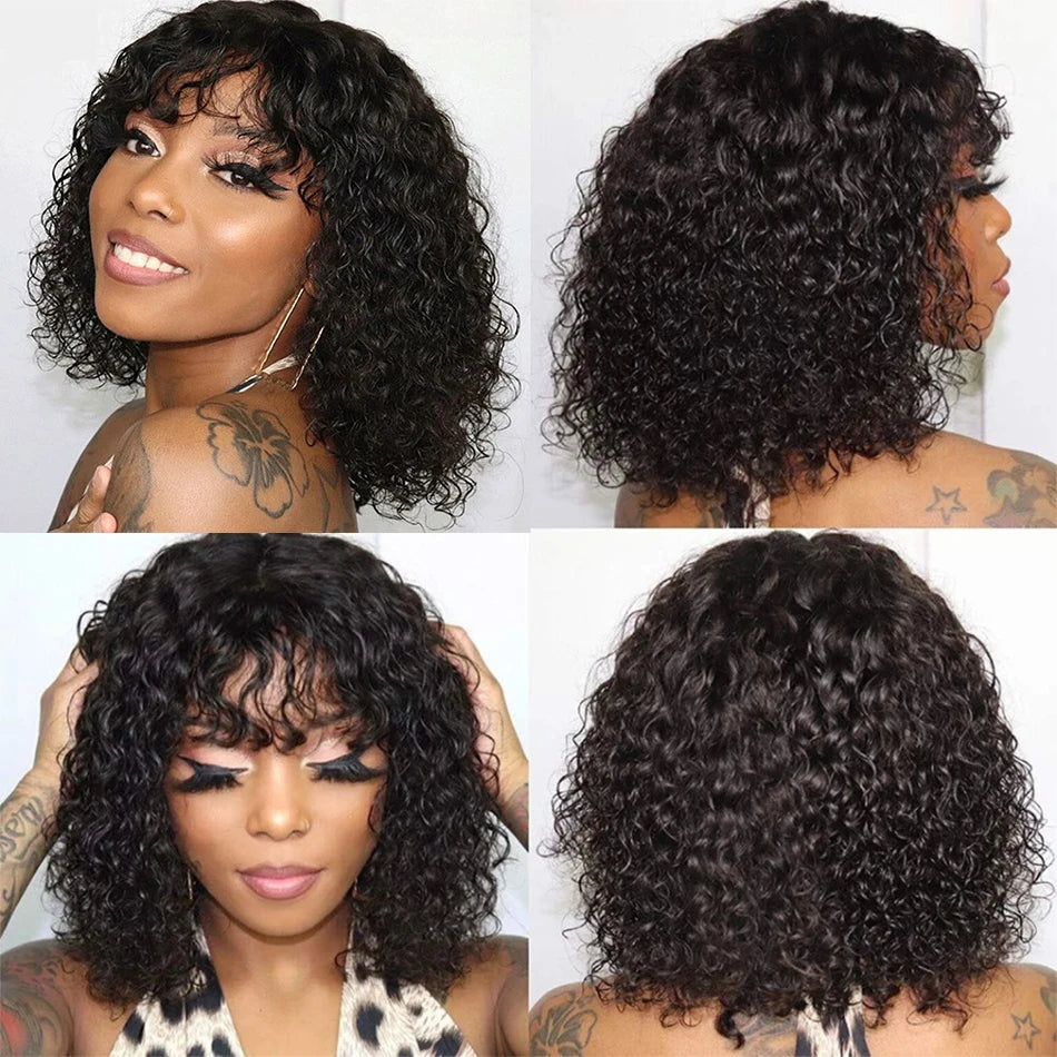 Brazilian Kinky Curly Wig Human Hair Wigs With Bangs Full Machine Made Wigs Cheap Remy Human Hair Culry Glueless Wig For Women