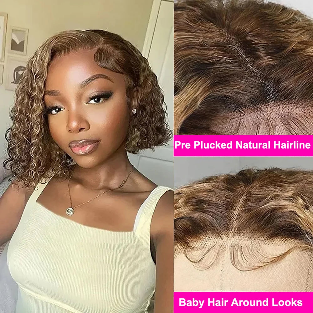 4/27 Highlight Curly Wigs 13x4 HD Transparent Lace Frontal Human Hair Wig Short Brazilian Brown Blonde Color Water Wave Bob Wigs