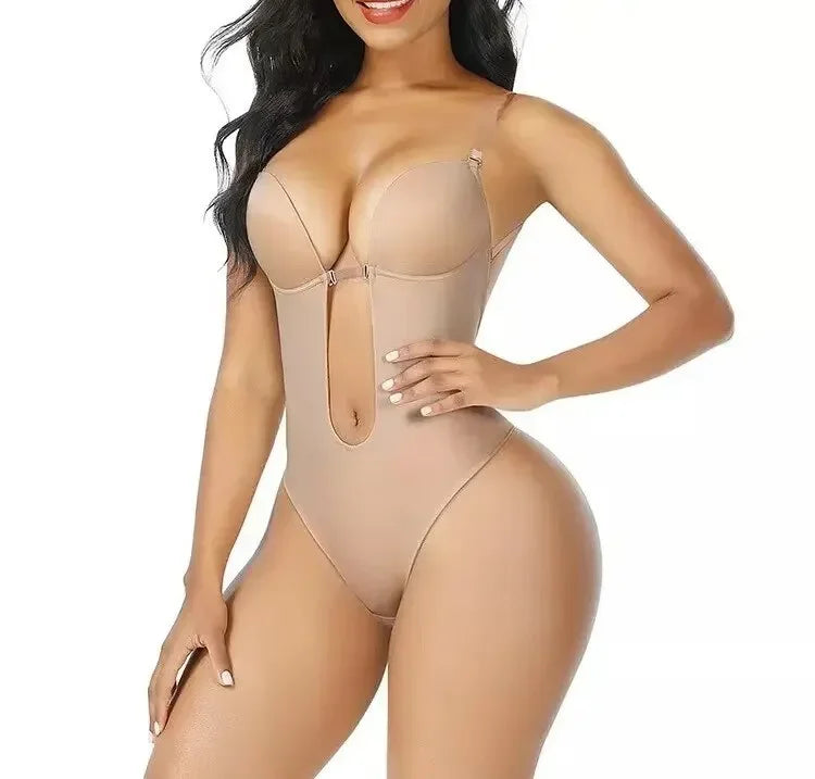 Women Shapers Underwear Backless Bodysuit Shapewear Deep V-Neck Body U Plunge Clear Strap Padded Push Up Corset