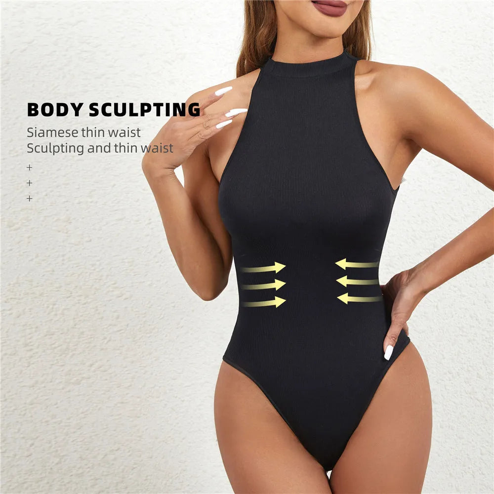 Women Round Neck Shaperwear Bodysuits Sleeveless Adjustable Buckle Tight Fitting Jumpsuit T-shaped Shapewear Corset