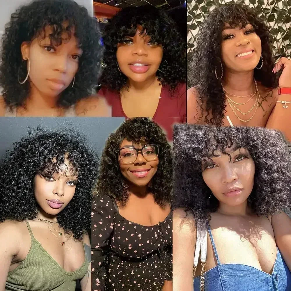 Water Wave Human Hair Wig With Bangs Indian Curly Hair Wigs Full Machine Made Human Hair Wig For Women