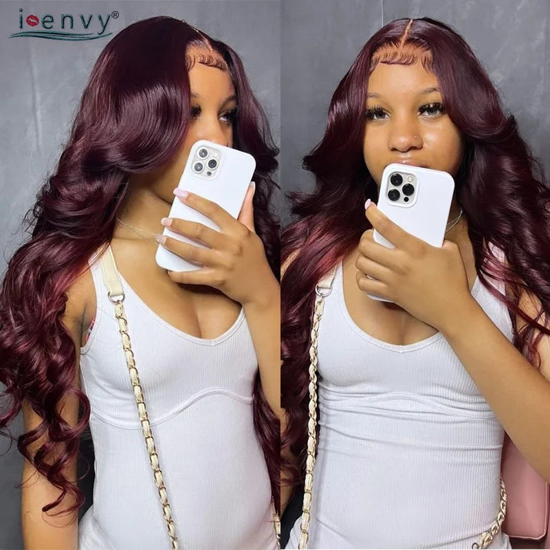 Burgundy Human Hair Wigs Pre Plucked Body Wave 13X4 Hd Lace Frontal Wig For Women Cherry Red Colored Curly Wig On Sale 30 34Inch