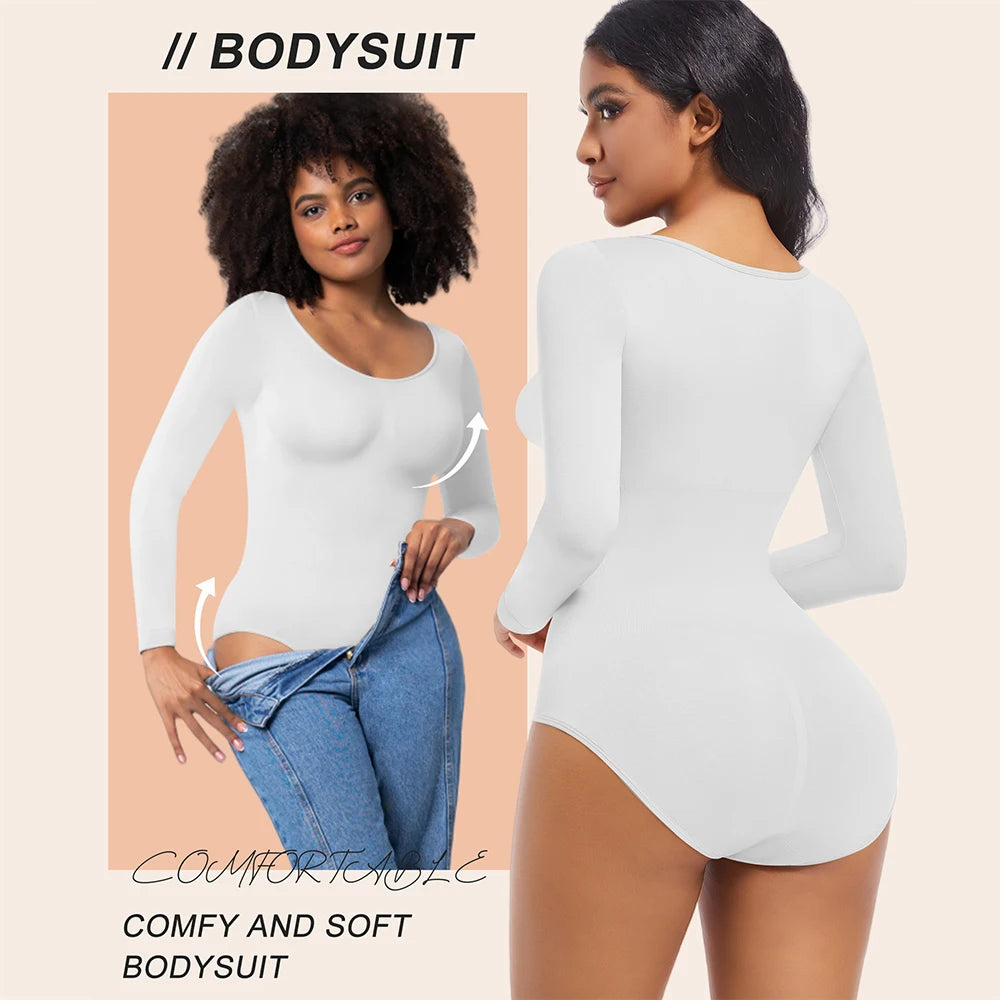 Bodysuits Shapewear for Women Thong Shaper Corsets Long Sleeve Seamless Waist Trainer Crew Neck BodySuit