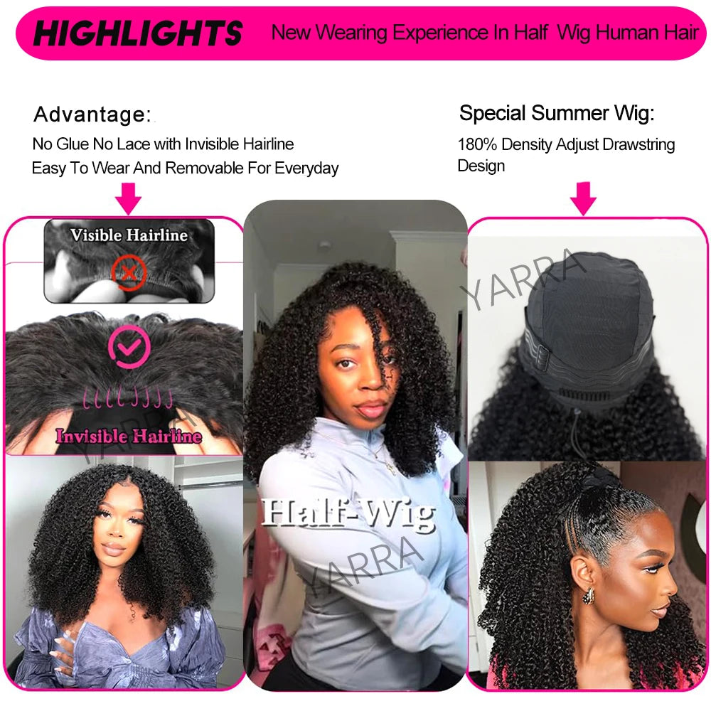 Glueless Human hair Wigs Kinky Curly Headband Wig Upgrade 3 IN 1 Half Wig With Drawstring Seamless Clip Ins Flip Over For Women