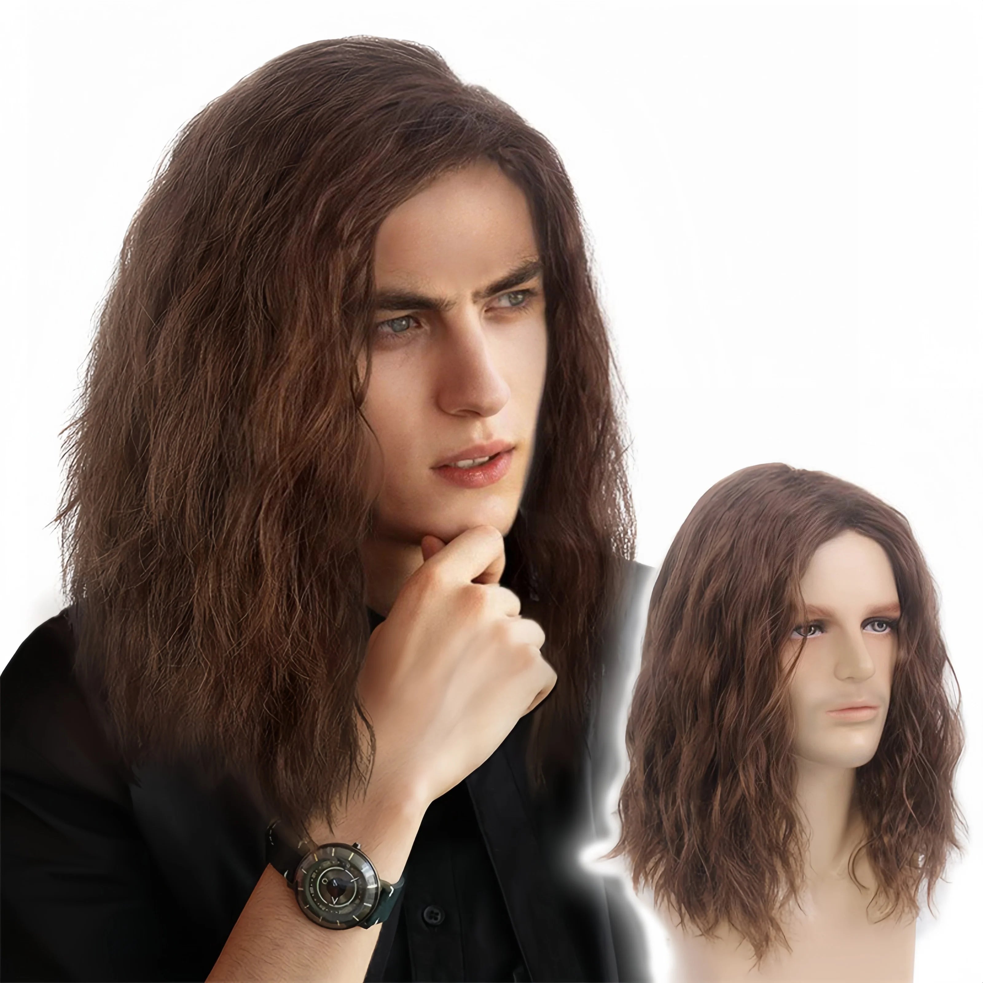 Wig men's shoulder-length curly hair handsome corn hot fashion synthetic fiber high temperature silk wig full head cover