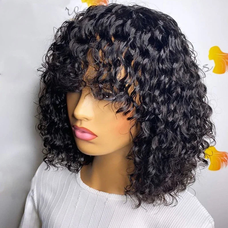 Brazilian Kinky Curly Wig Human Hair Wigs With Bangs Full Machine Made Wigs Cheap Remy Human Hair Culry Glueless Wig For Women