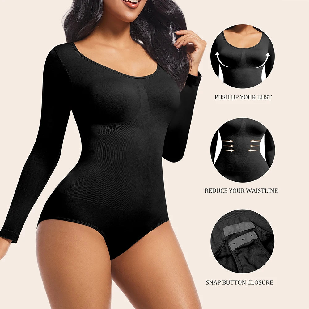 Bodysuits Shapewear for Women Thong Shaper Corsets Long Sleeve Seamless Waist Trainer Crew Neck BodySuit