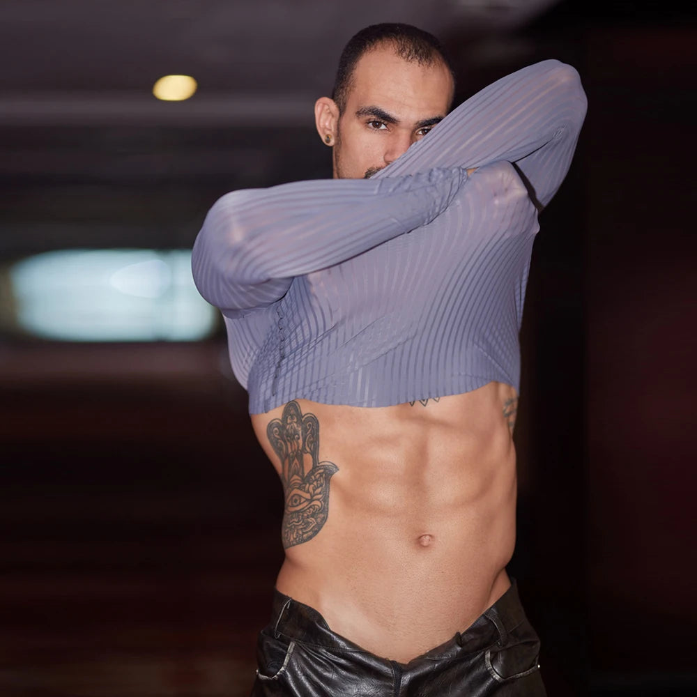 Sex Men Oil Glossy Shiny Breathable T-shrits Stripe Allure Shaper Top Bottom Wear Sheer See Through Elastic Shapewear
