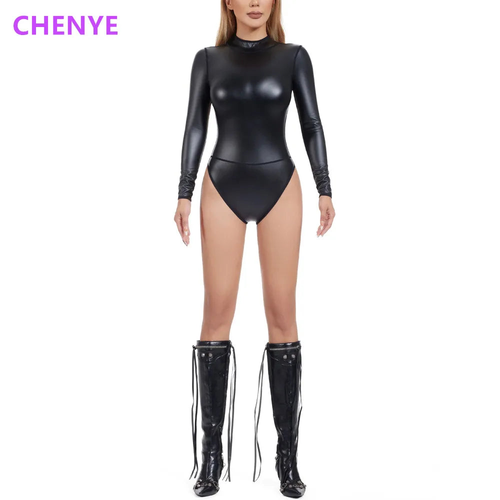 Women Sexy Shapewear Back Zipper High Neck Body Shapers Long sleeve Faux Leather Bodysuit Stage Performance One Pieces Jumpsuits