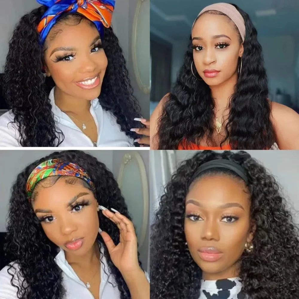 Curly Human Hair Wigs Water Wave Headband Wig No Glue No Lace 180 Density Brazilian Curly Wigs For Women Ready To Wear And Go