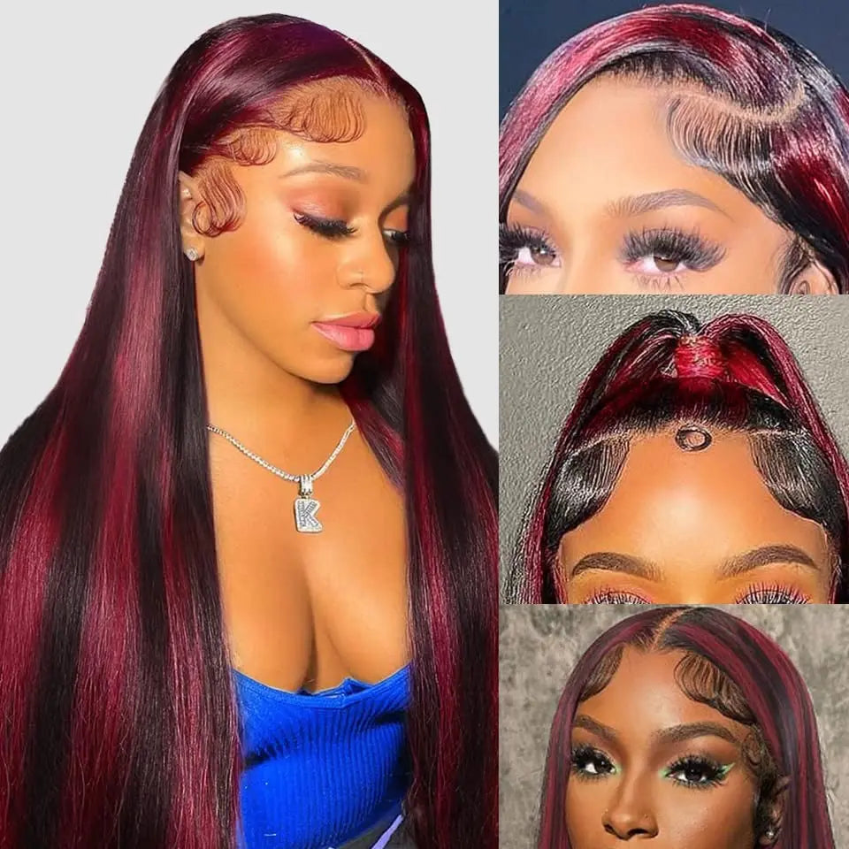 Ombre Highlight Burgundy Wig Human Hair 13x4 Straight Lace Front Wig 13x6 Hd Lace Frontal Wigs 99J Bone Straight Human Hair Wigs