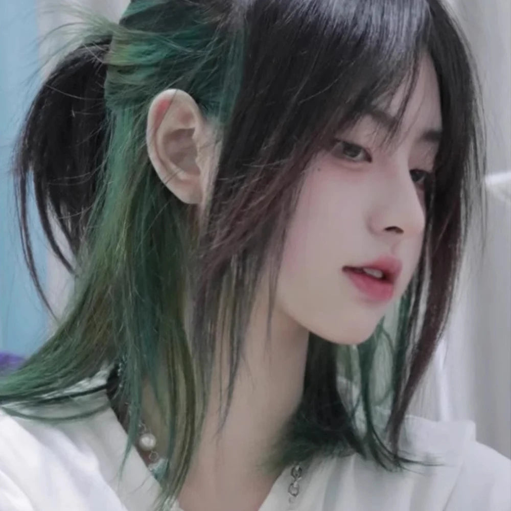 Short Mullet Head Wigs with Bangs Synthetic Straight Anime Men Black Gray Green Hair Wig for Daily Party Cosplay