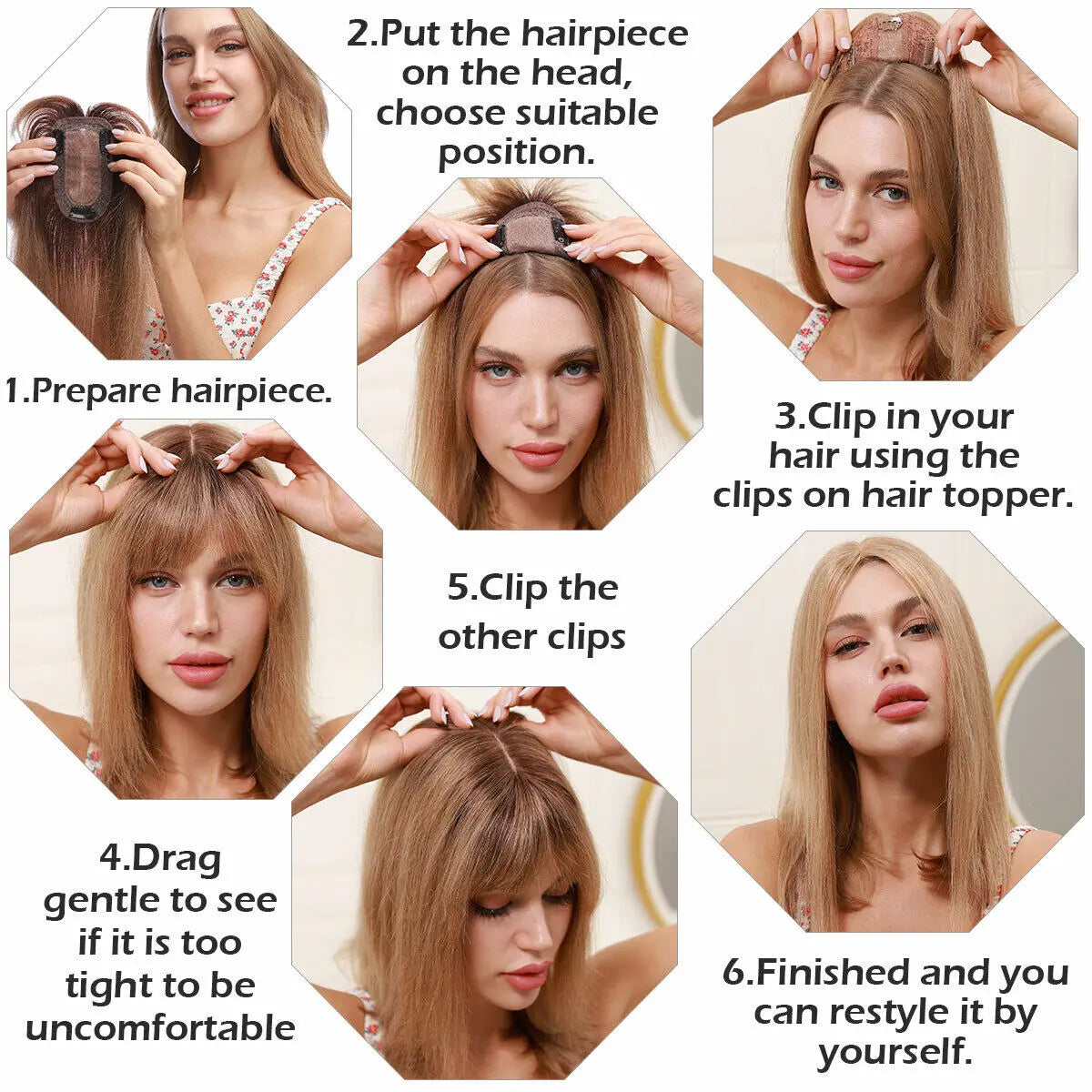 Human Hair Toppers Brown Natural Hair Wig For Women Clips In Hair Toppers 10'' Straight Hair Breathable Machine Made 7x11cm Base
