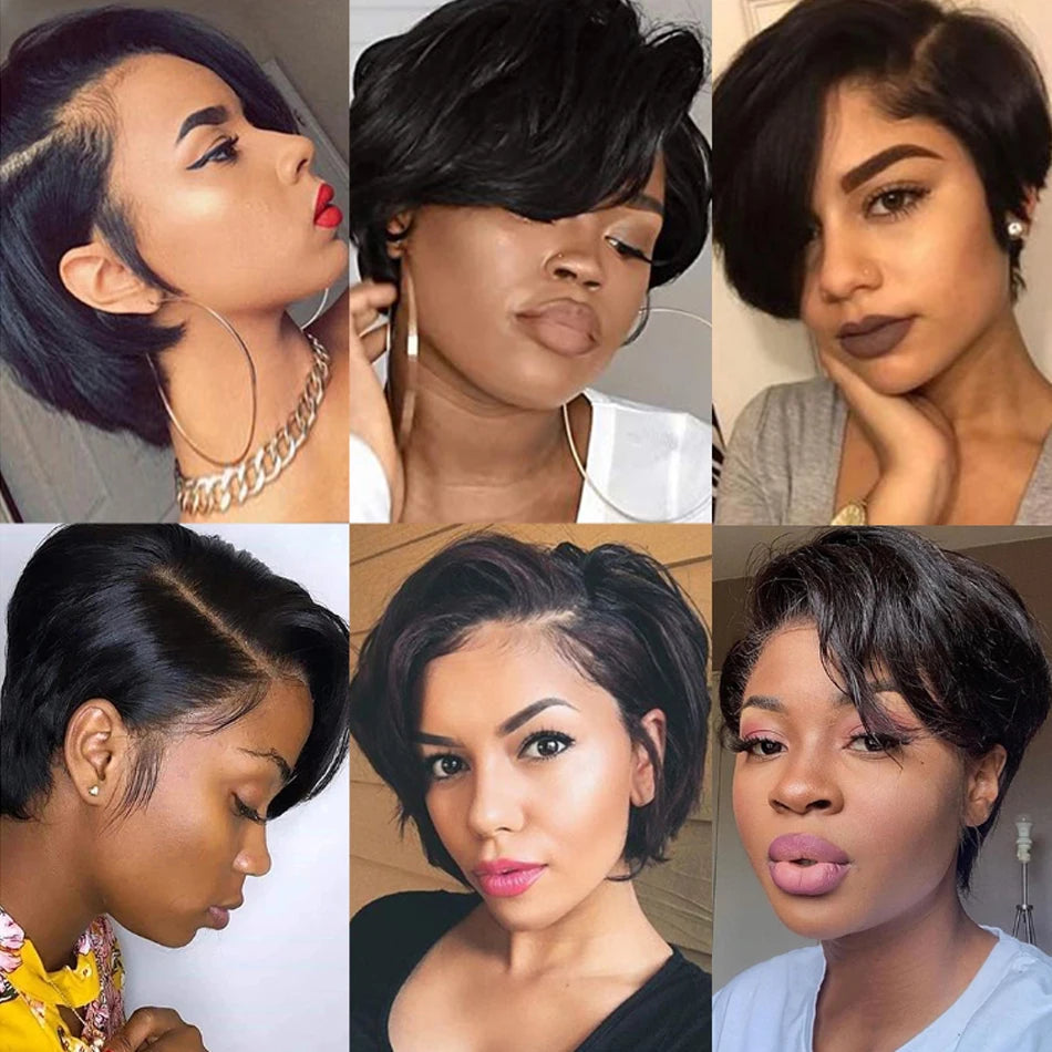 Human Hair 13X2 Wigs Short Pixie Cut Wigs Straight Bob HDTransparent Lace Frontal Wigs For Black Women 250Density Perruque Cheap