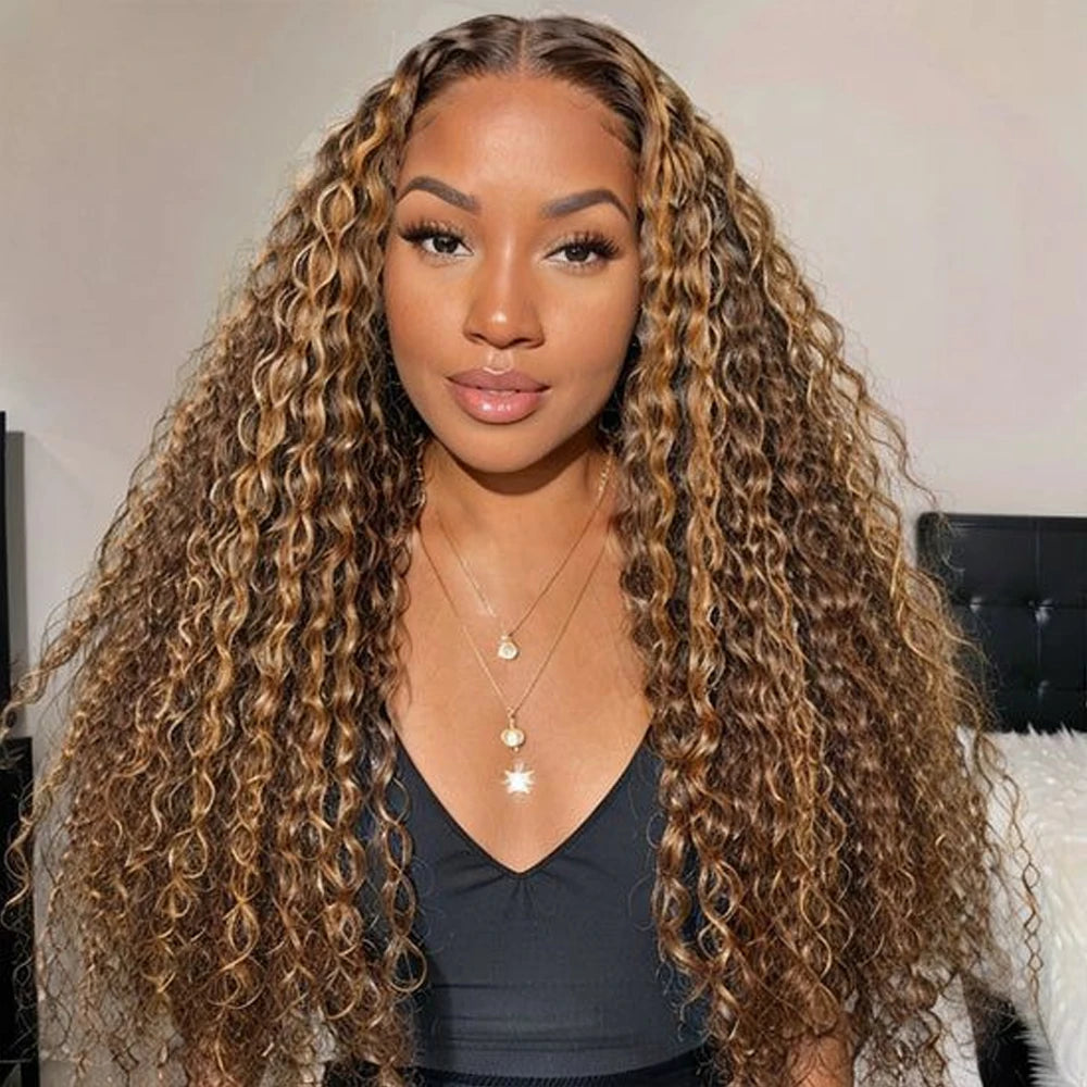 Highlight Curly Human Hair 13X4 Lace Front Wigs Human Hair 200 Density Pre Plucked Wig Water Wave Human Hair Wig For Black Women