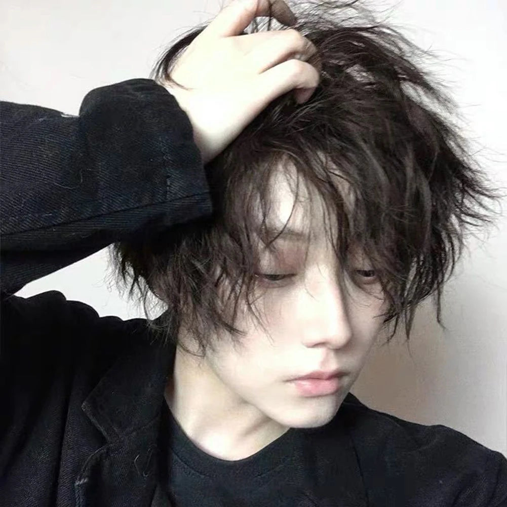 Short Natural Curly Wig For Men Black Synthetic Hair with Bangs Faux Hairs
