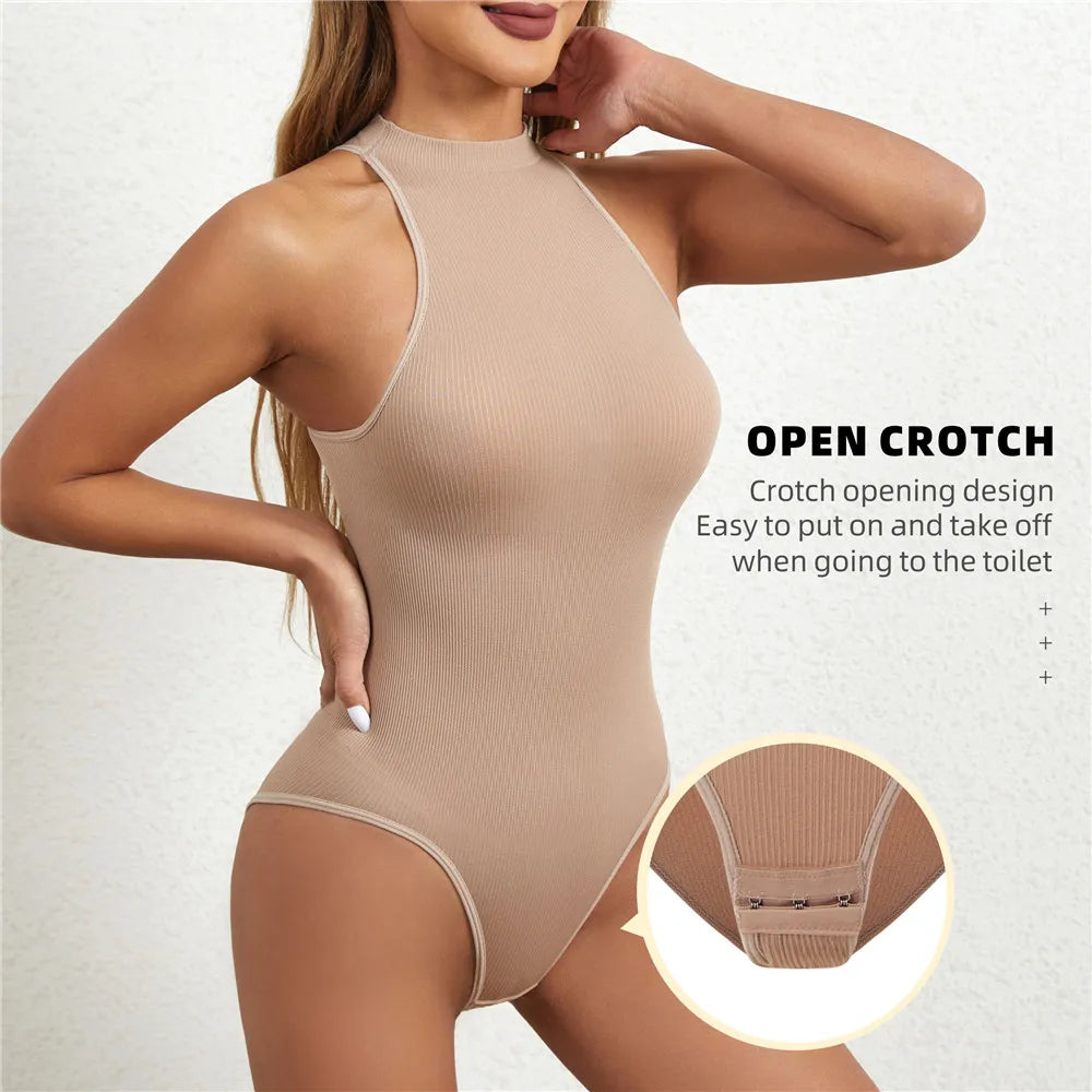 Women Round Neck Shaperwear Bodysuits Sleeveless Adjustable Buckle Tight Fitting Jumpsuit T-shaped Shapewear Corset
