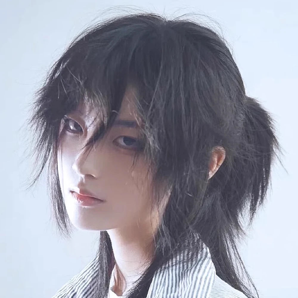 Short Mullet Head Wigs with Bangs Synthetic Straight Anime Men Black Gray Green Hair Wig for Daily Party Cosplay