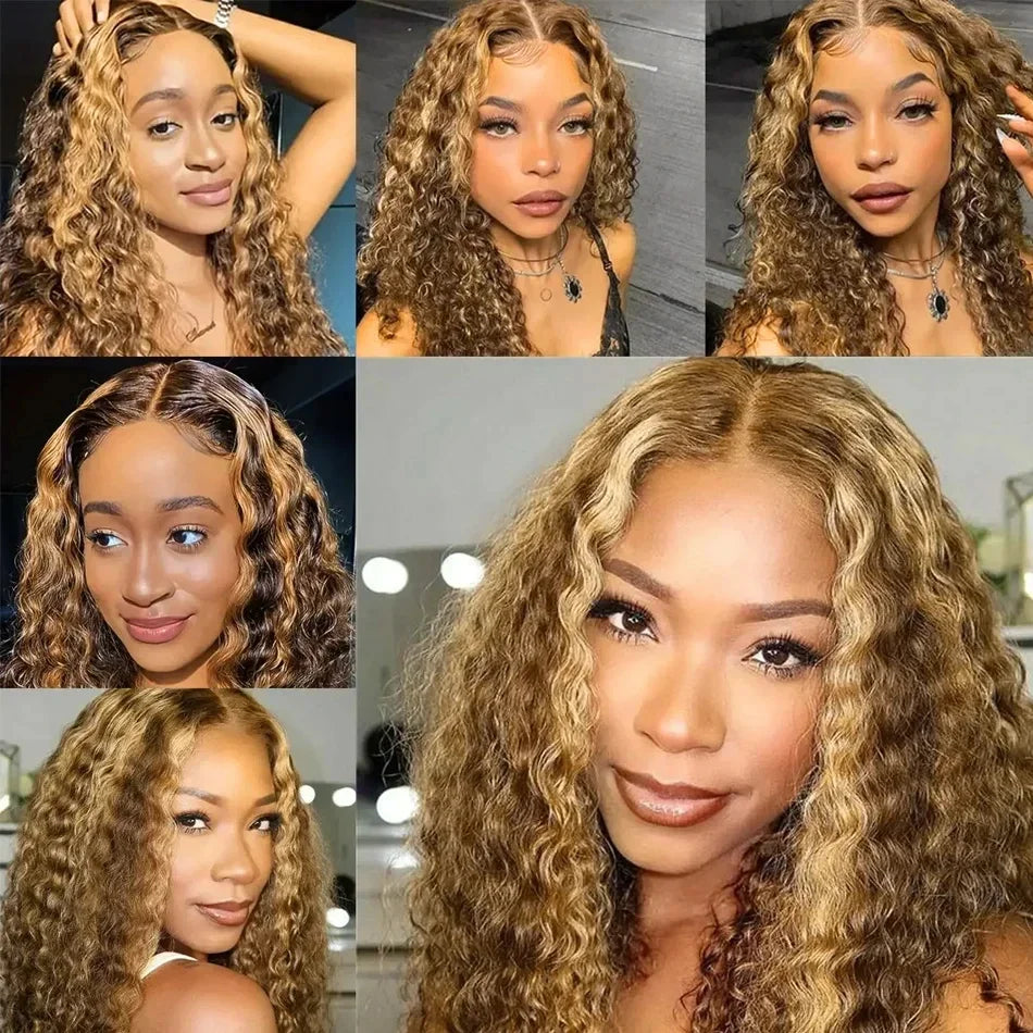 4/27 Highlight Curly Wigs 13x4 HD Transparent Lace Frontal Human Hair Wig Short Brazilian Brown Blonde Color Water Wave Bob Wigs