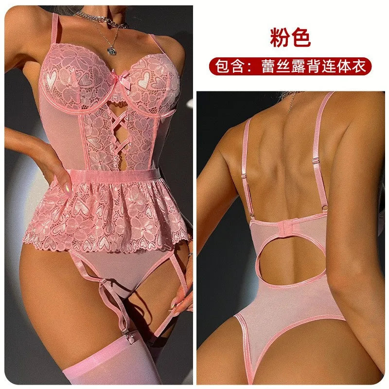 European Style Shapewear Bodysuit - Sheer Lace Backless Teddy with Heart Details (Sexy Lingerie)