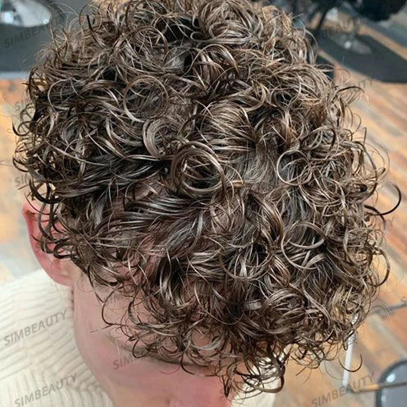 Men's Wigs Human Hair Super Durable Mono 20MM Curly Toupee Men Capillary Prosthesis Hair Unit Replacement System Pieces For Male