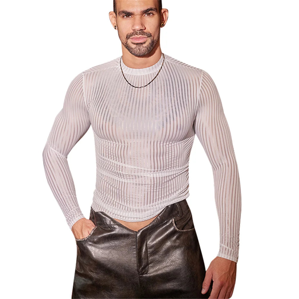 Sex Men Oil Glossy Shiny Breathable T-shrits Stripe Allure Shaper Top Bottom Wear Sheer See Through Elastic Shapewear
