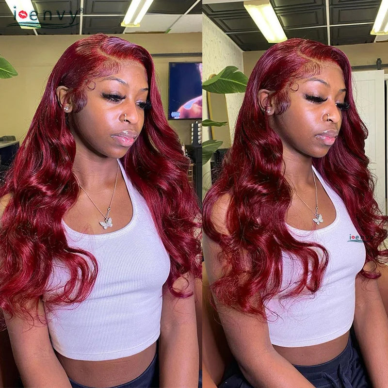 Burgundy Human Hair Wigs Pre Plucked Body Wave 13X4 Hd Lace Frontal Wig For Women Cherry Red Colored Curly Wig On Sale 30 34Inch