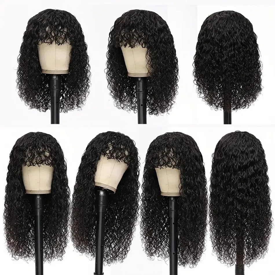 Curly Wig With Bangs Kinky Curly Human Hair Wig With Bangs Full Machine Made Frontal Wig 12A Water Wave Virgin Human Hair Wigs