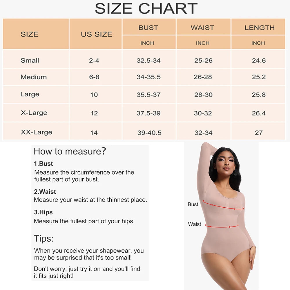 Bodysuits Shapewear for Women Thong Shaper Corsets Long Sleeve Seamless Waist Trainer Crew Neck BodySuit