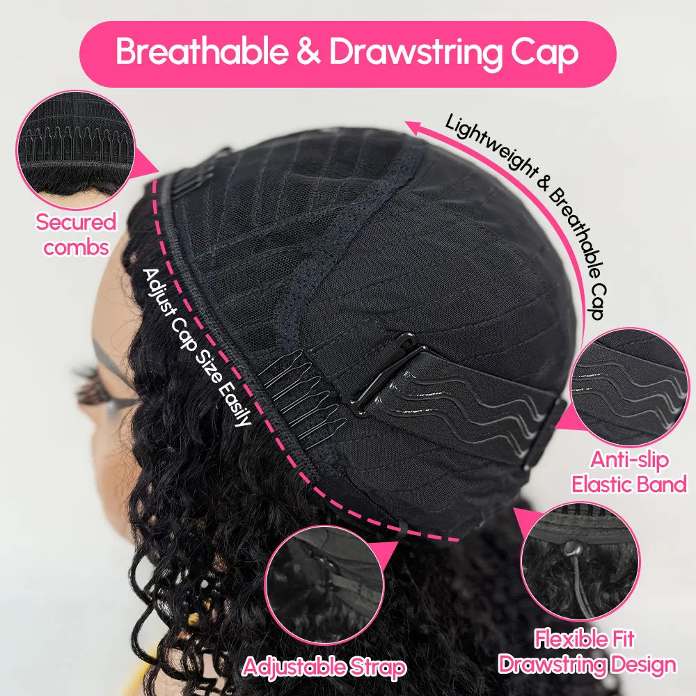 Glueless Human hair Wigs Kinky Curly Headband Wig Upgrade 3 IN 1 Half Wig With Drawstring Seamless Clip Ins Flip Over For Women