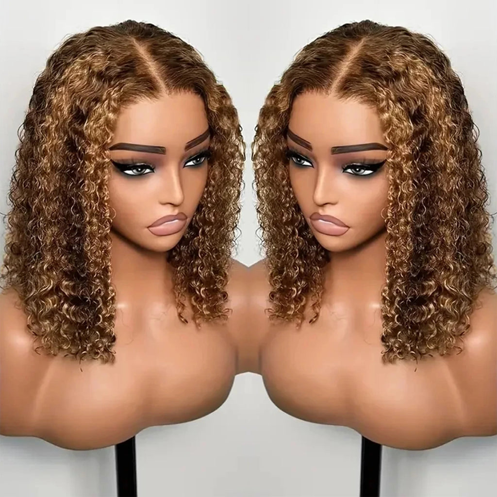 4/27 Highlight Curly Wigs 13x4 HD Transparent Lace Frontal Human Hair Wig Short Brazilian Brown Blonde Color Water Wave Bob Wigs
