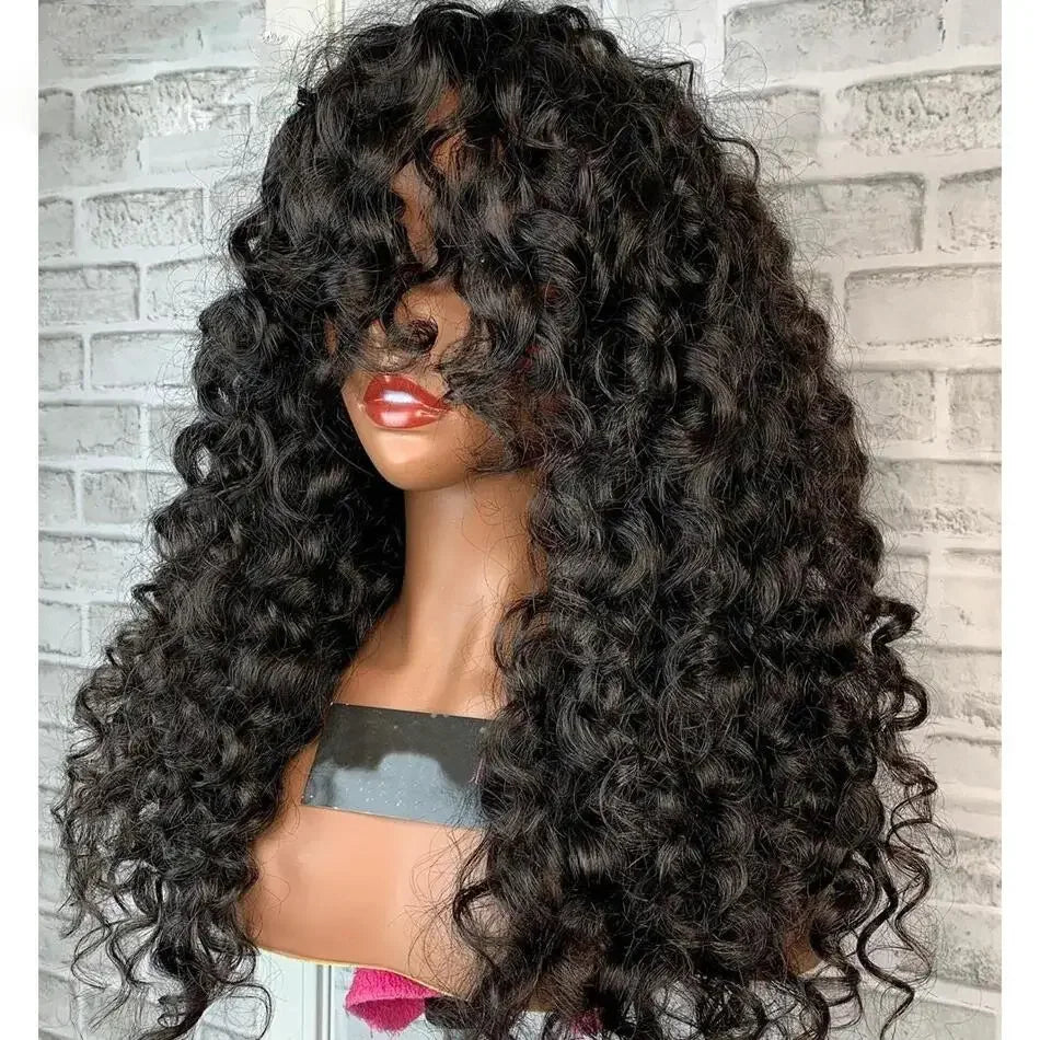 Brazilian Kinky Curly Wig Human Hair Wigs With Bangs Full Machine Made Wigs Cheap Remy Human Hair Culry Glueless Wig For Women