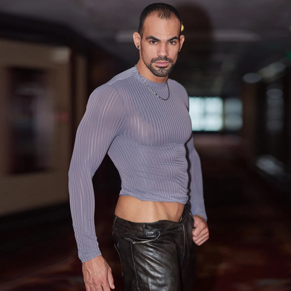 Sex Men Oil Glossy Shiny Breathable T-shrits Stripe Allure Shaper Top Bottom Wear Sheer See Through Elastic Shapewear