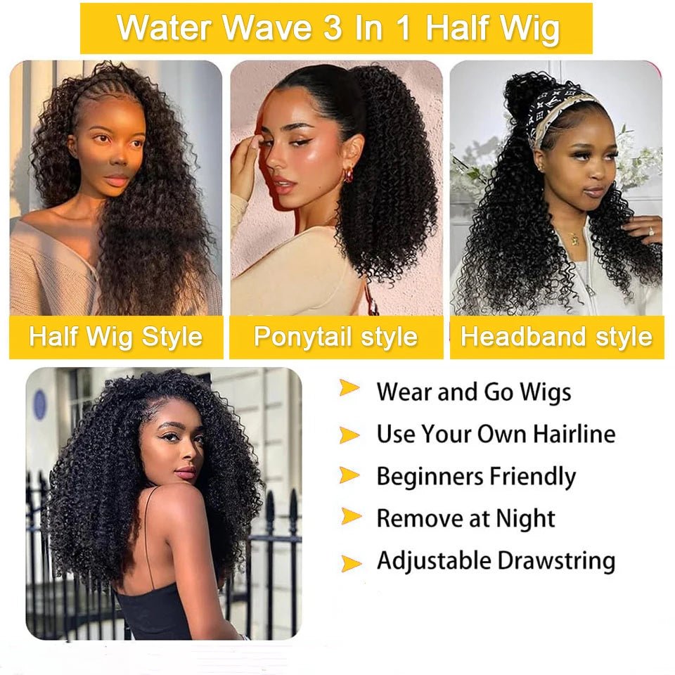 3 In 1 half wigs human hair Drawstring No lace wigs Half wig water wave human hair wig 100 human hair wigs for woman curly wigs