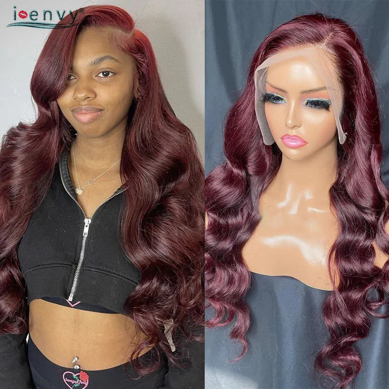 Burgundy Human Hair Wigs Pre Plucked Body Wave 13X4 Hd Lace Frontal Wig For Women Cherry Red Colored Curly Wig On Sale 30 34Inch