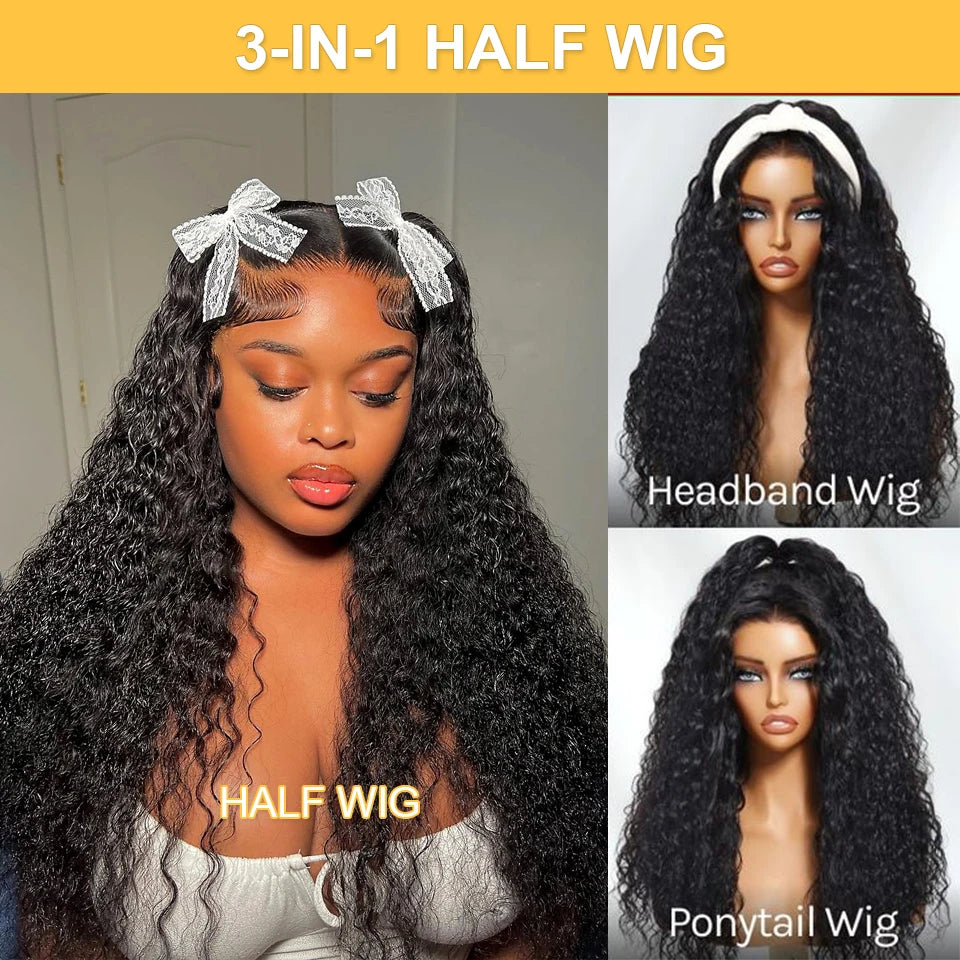 3 In 1 half wigs human hair Drawstring No lace wigs Half wig water wave human hair wig 100 human hair wigs for woman curly wigs