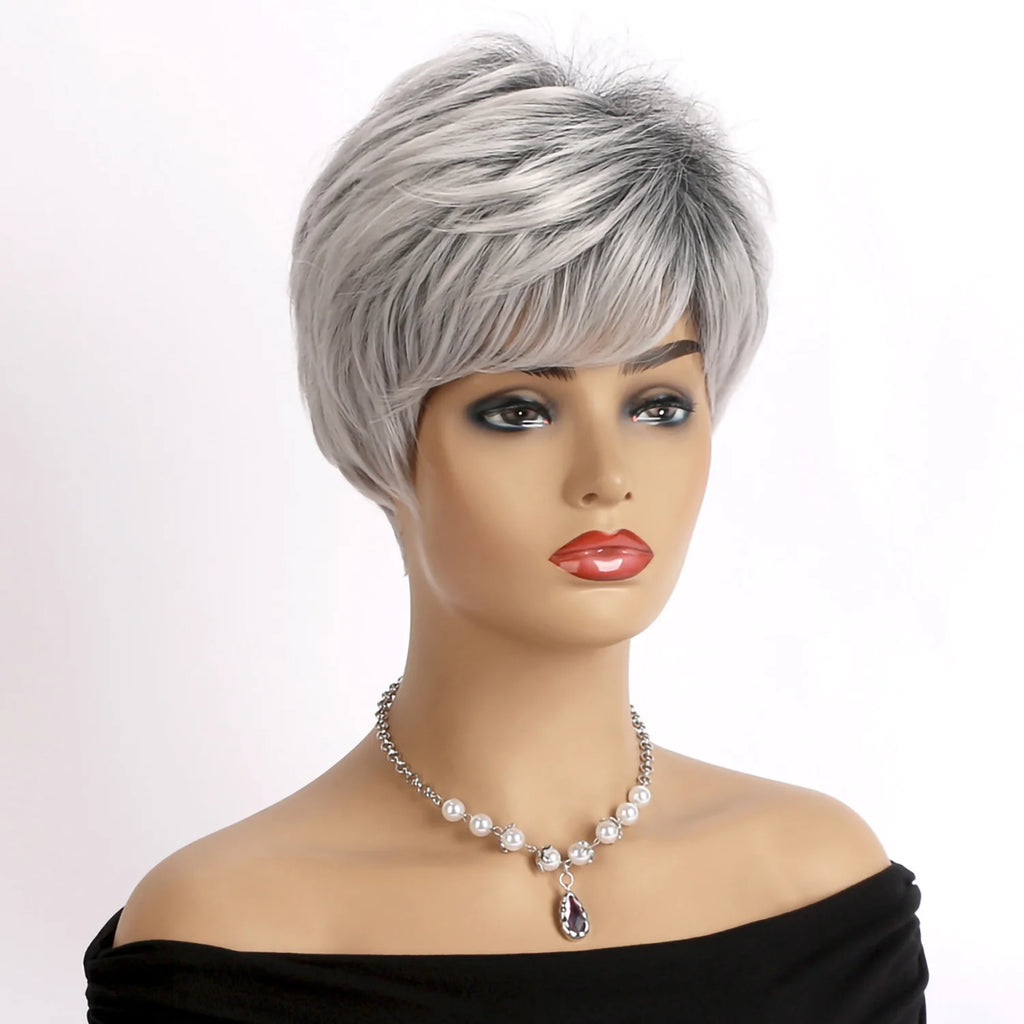 Short Grey Human Hair Wigs for Women Natural Pixie Cut Synthetic Wig Daily Hair